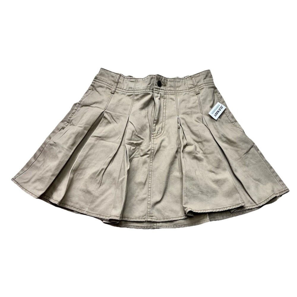 Old Navy Khaki Pleated Mini Skirt Women M Beige A Line Preppy Old Money Office